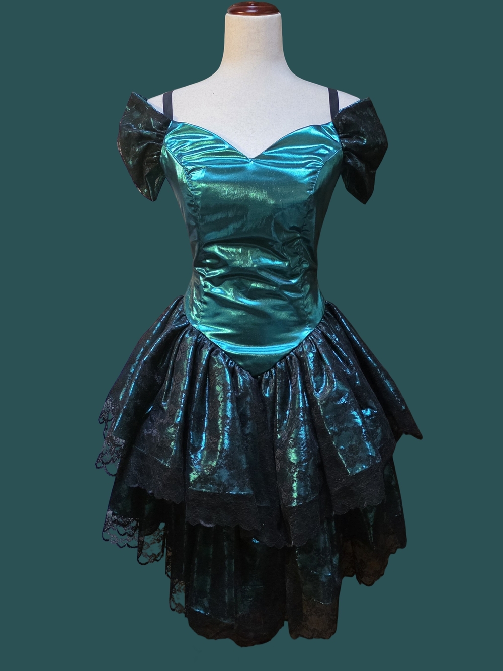 VTG 80s Green Shimmer & Black Lace Off Shoulder Formal Dress